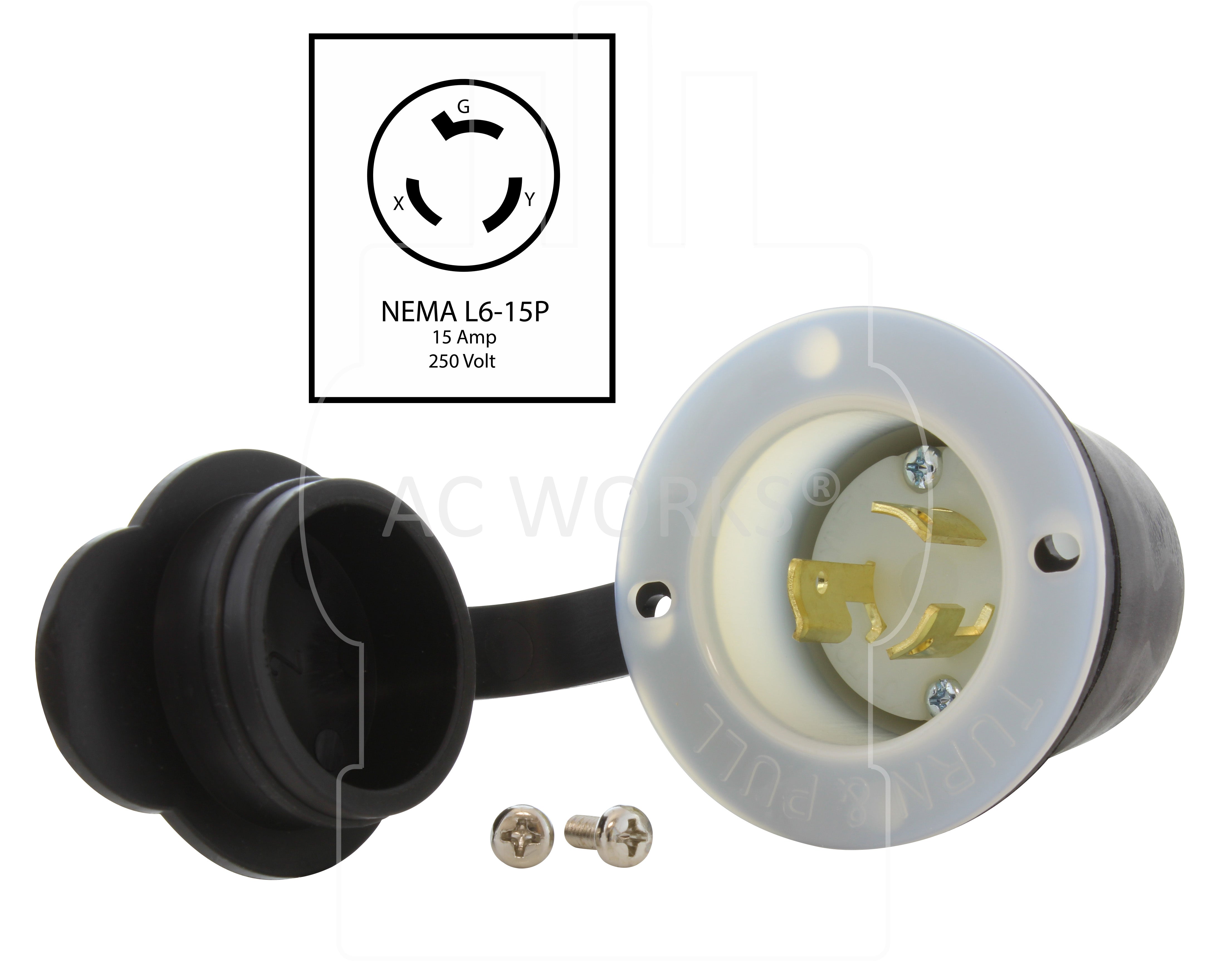 AC WORKS® [ASINL615P-WC] 15A 250V L6-15P Power Input Inlet UL and C-UL Listed with Weather Cover