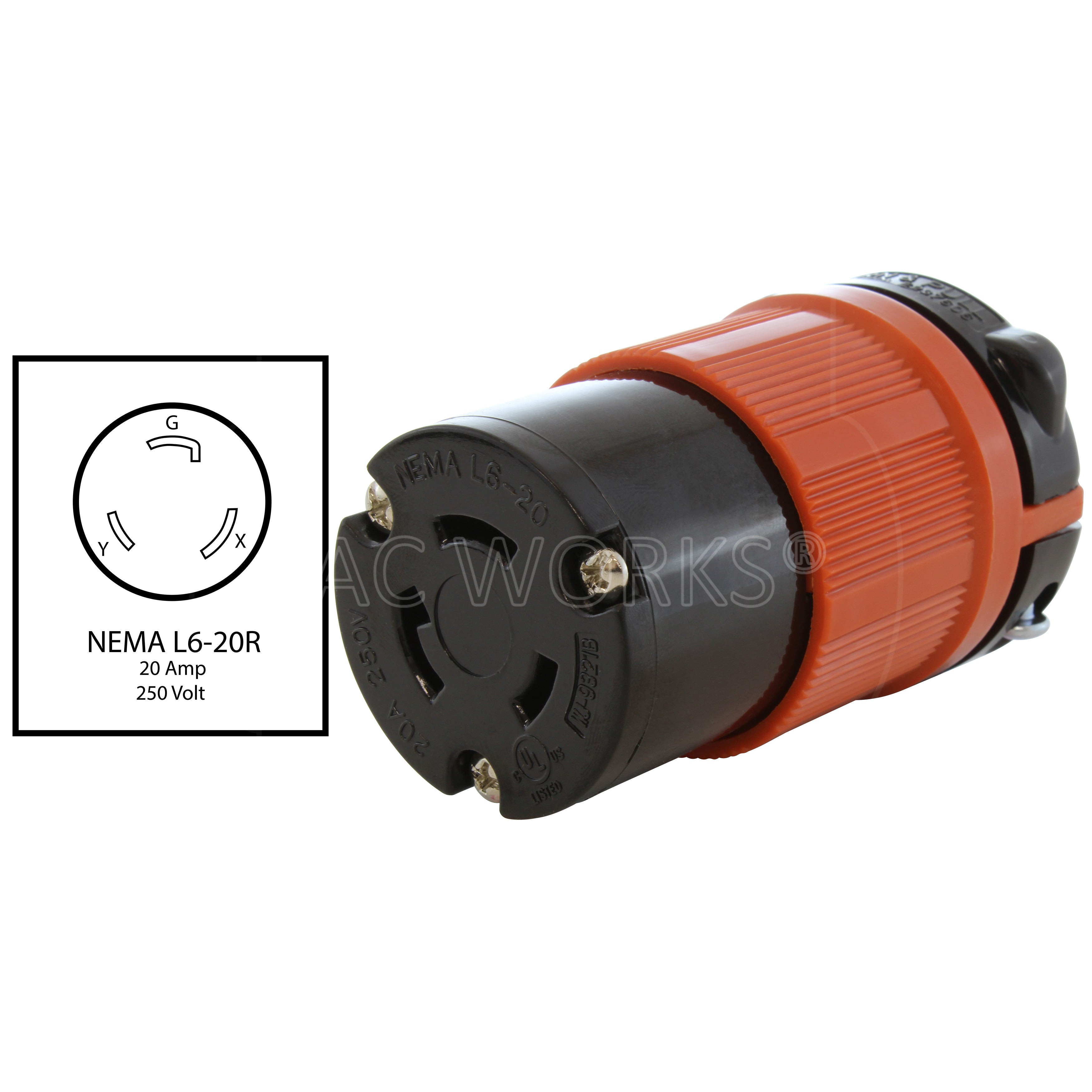 AC WORKS® [ASL620R] NEMA L6-20R 20A 250V 3-Prong Locking Female Connector with UL, C-UL Approval