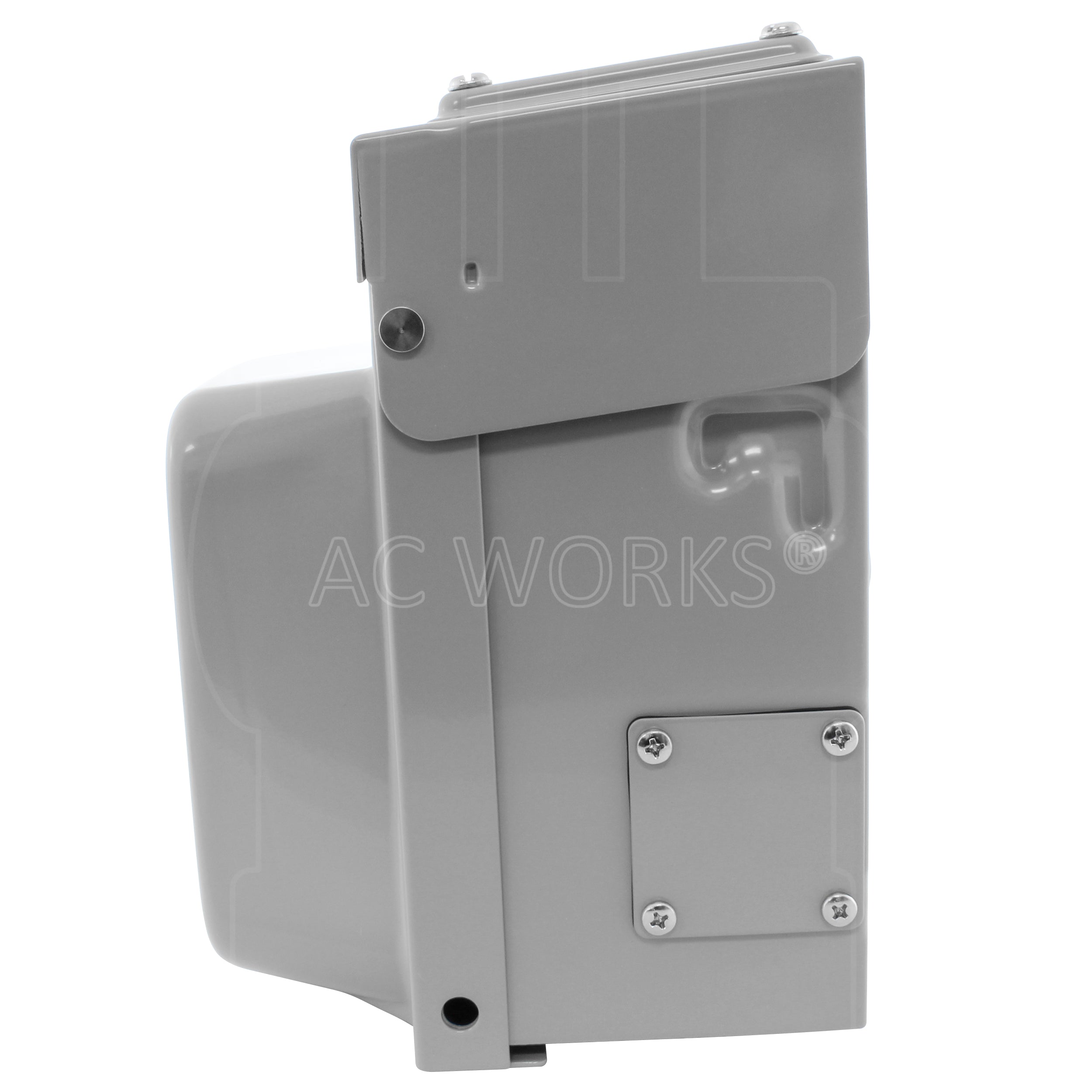 Grey outlet box, side view with 1 replaceable knockout
