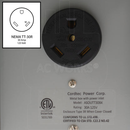 Outlet box containing a NEMA TT-30R, 30 Amp, 125 Volt 3-prong straight-blade receptacle