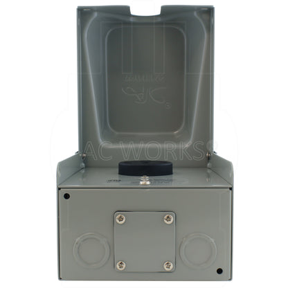 grey outlet box, bottom view with 1 replaceable knockout
