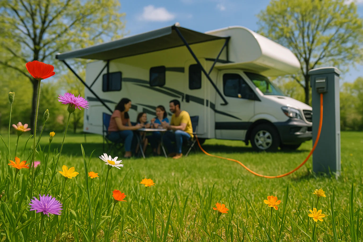 Family sitting in front of an RV with a power cord plugged into a generator, surrounded by flowers and greenery.