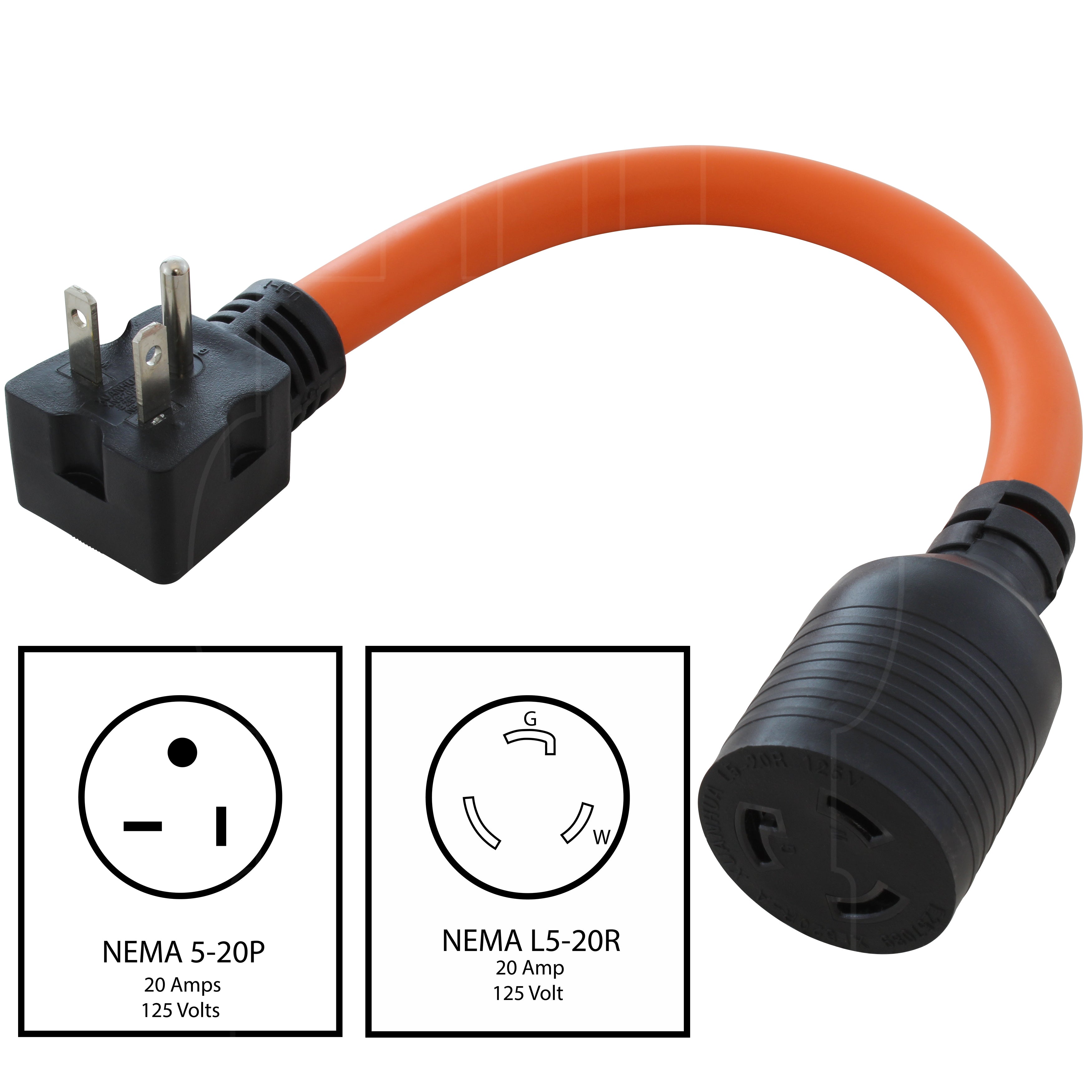 AC WORKS® [E520L520-012] 1FT NEMA 5-20P 20A 125V Plug to Locking 20 Amp L5-20R Female Connector