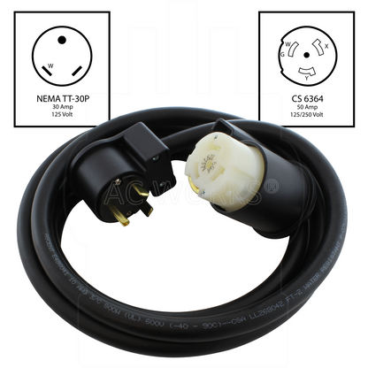 Elbow NEMA TT-30P, 30 Amp, RV/ Travel Trailer 30 Amp Plug to CS6364, 50 Amp, 125/250 Volt Female Locking Female Connector