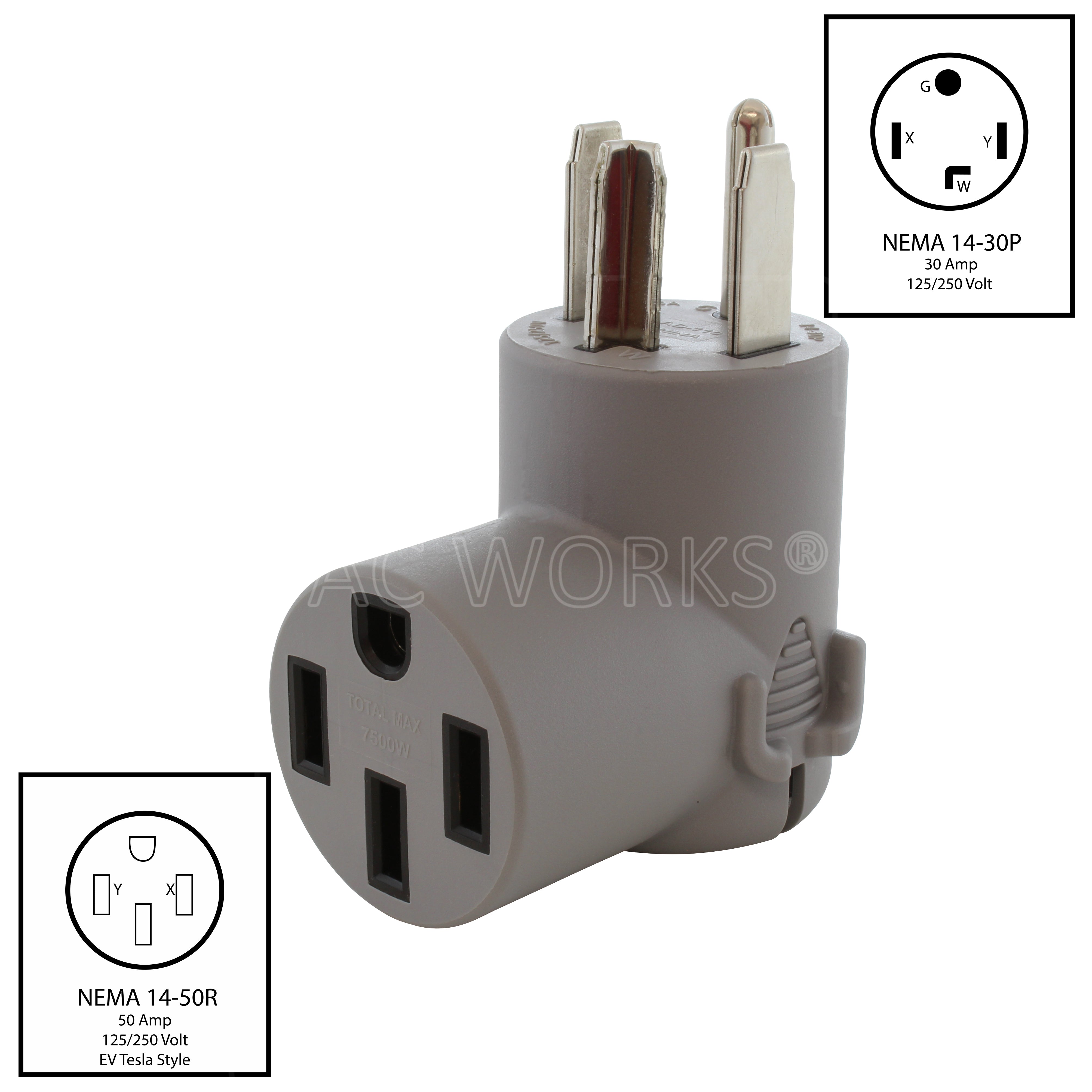 AC WORKS® [EV1430MS] EV Charging Adapter NEMA 14-30P 4-Prong Dryer Plug to Tesla EV Charging