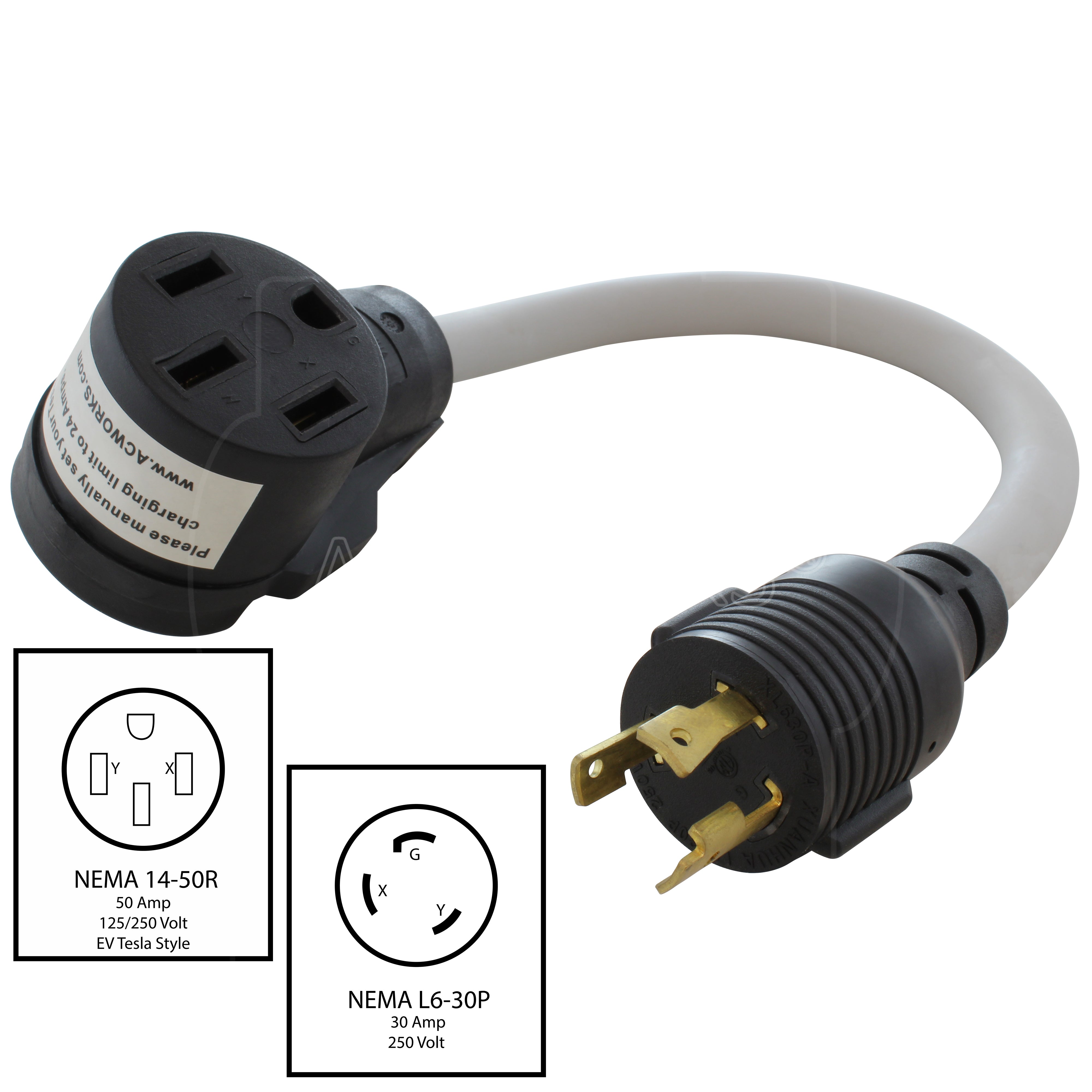 AC WORKS® [EVL630MS-018] 1.5FT EV Charging Adapter 30A 250V L6-30P Locking Plug to 50A EV Adapter