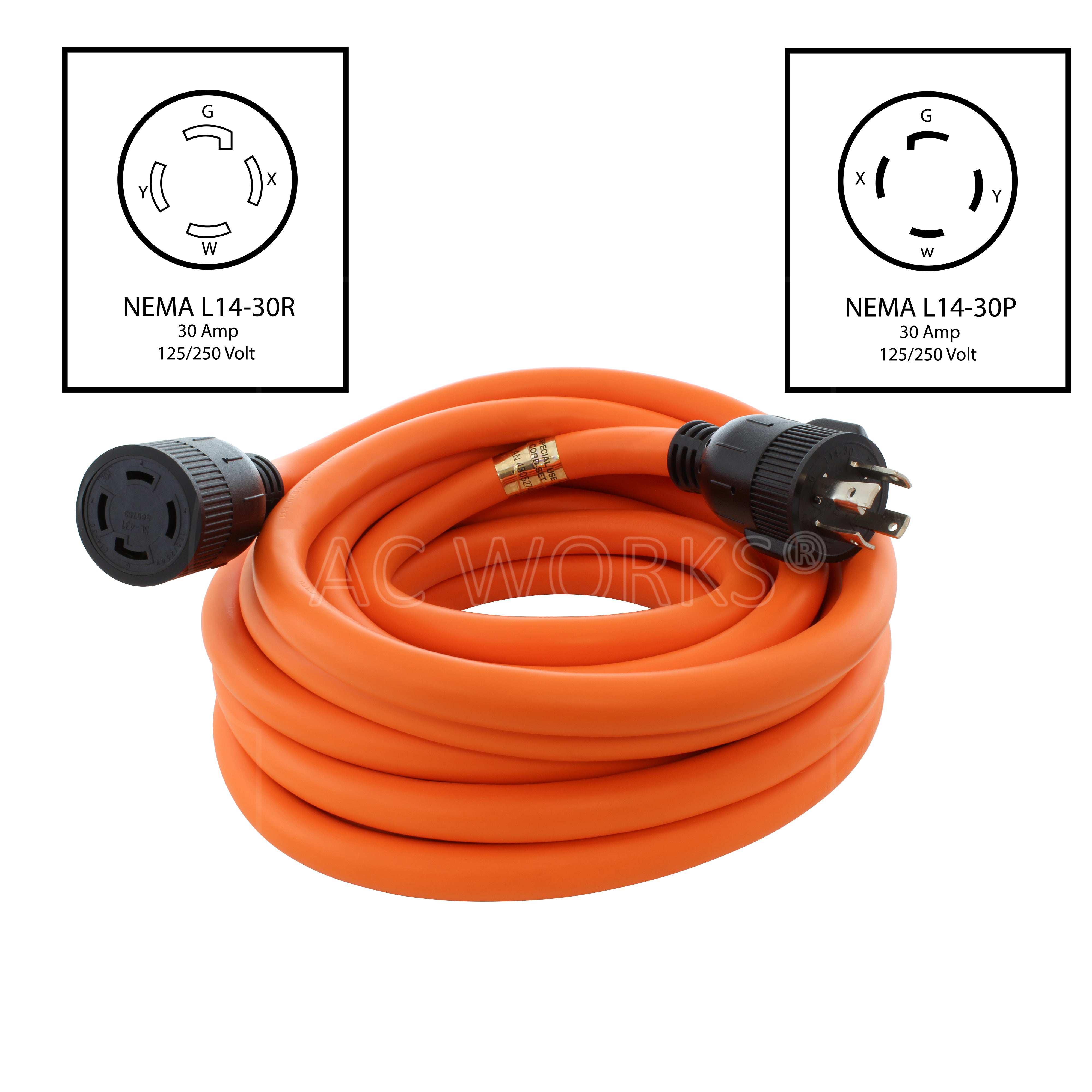 AC WORKS® [L1430EX] 10/4 STW NEMA L14-30 30A 125/250V Generator Extension Cord