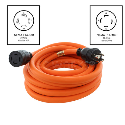 AC WORKS® [L1430EX] 10/4 STW NEMA L14-30 30A 125/250V Generator Extension Cord