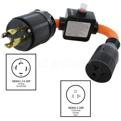 NEMA L14-30P, 30 Amp, 125/250 Volt Generator Locking Male Plug to NEMA 5-15/20R, 20 Amp, 125 Volt Female Connector