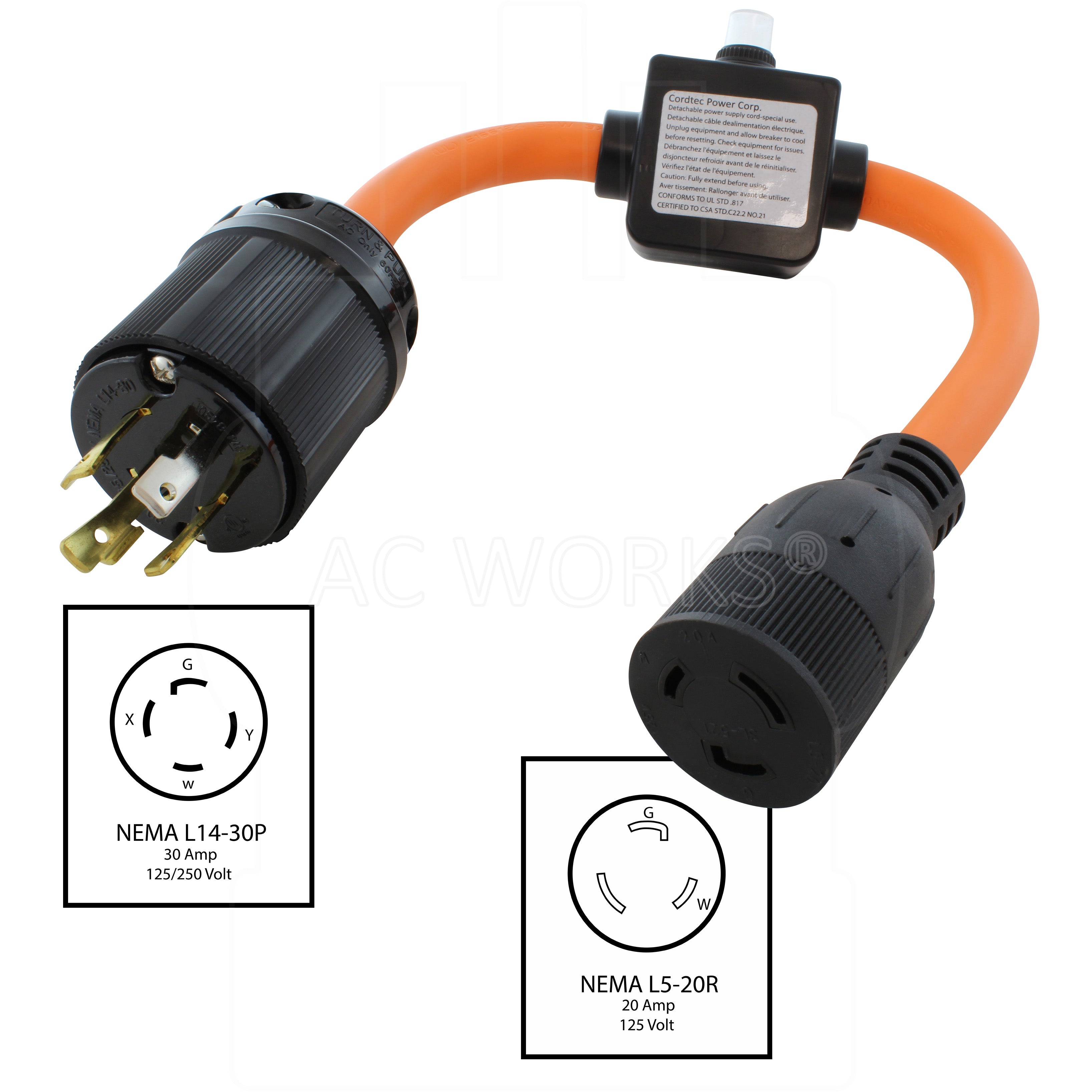 NEMA L14-30P, 30 Amp, 125/250 Volt Generator Locking Male Plug to NEMA L5-20R, 20 Amp, 125 Volt Female Connector