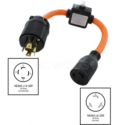 NEMA L14-30P, 30 Amp, 125/250 Volt Generator Locking Male Plug to NEMA L6-20R, 20 Amp, 250 Volt Female Connector