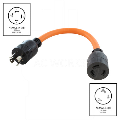 AC WORKS® [L1430L630-018] 1.5FT L14-30P 4-Prong 30A Plug to L6-30R 30A 250V 3-Prong Locking