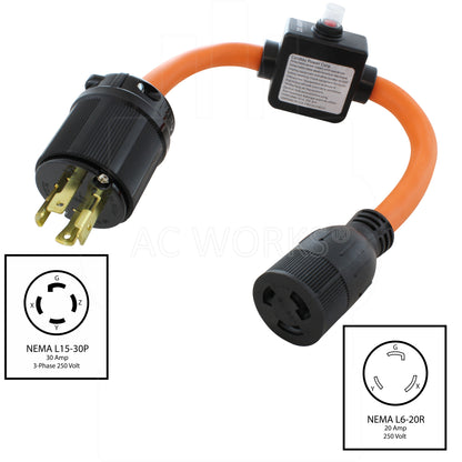 NEMA L15-30P, 30 Amp, 3-Phase 250 Volt Locking Male Plug to NEMA L6-20R, 20 Amp, 250 Volt Female Connector