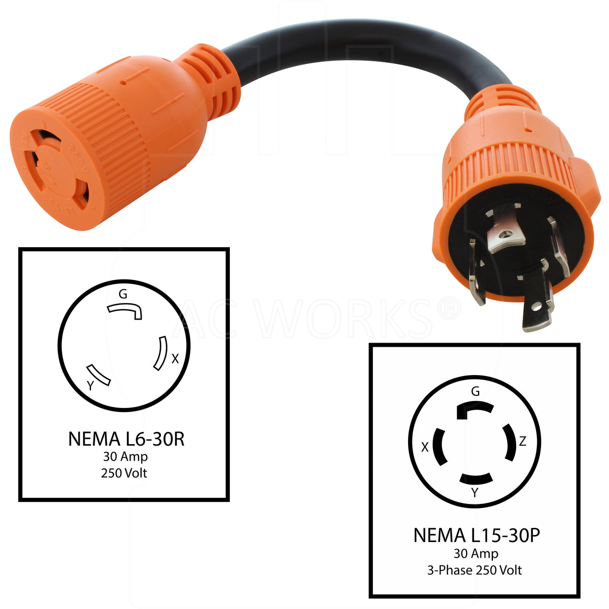 AC WORKS® [L1530L630-012] 3-Phase 30A 250V L15-30P 4-Prong Plug to L6-30R Locking 250V Connector
