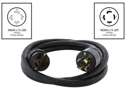 AC WORKS® [L1530PR-BK] SOOW 10/4 NEMA L15-30 30A 3-Phase 250V Industrial Rubber Extension Cord