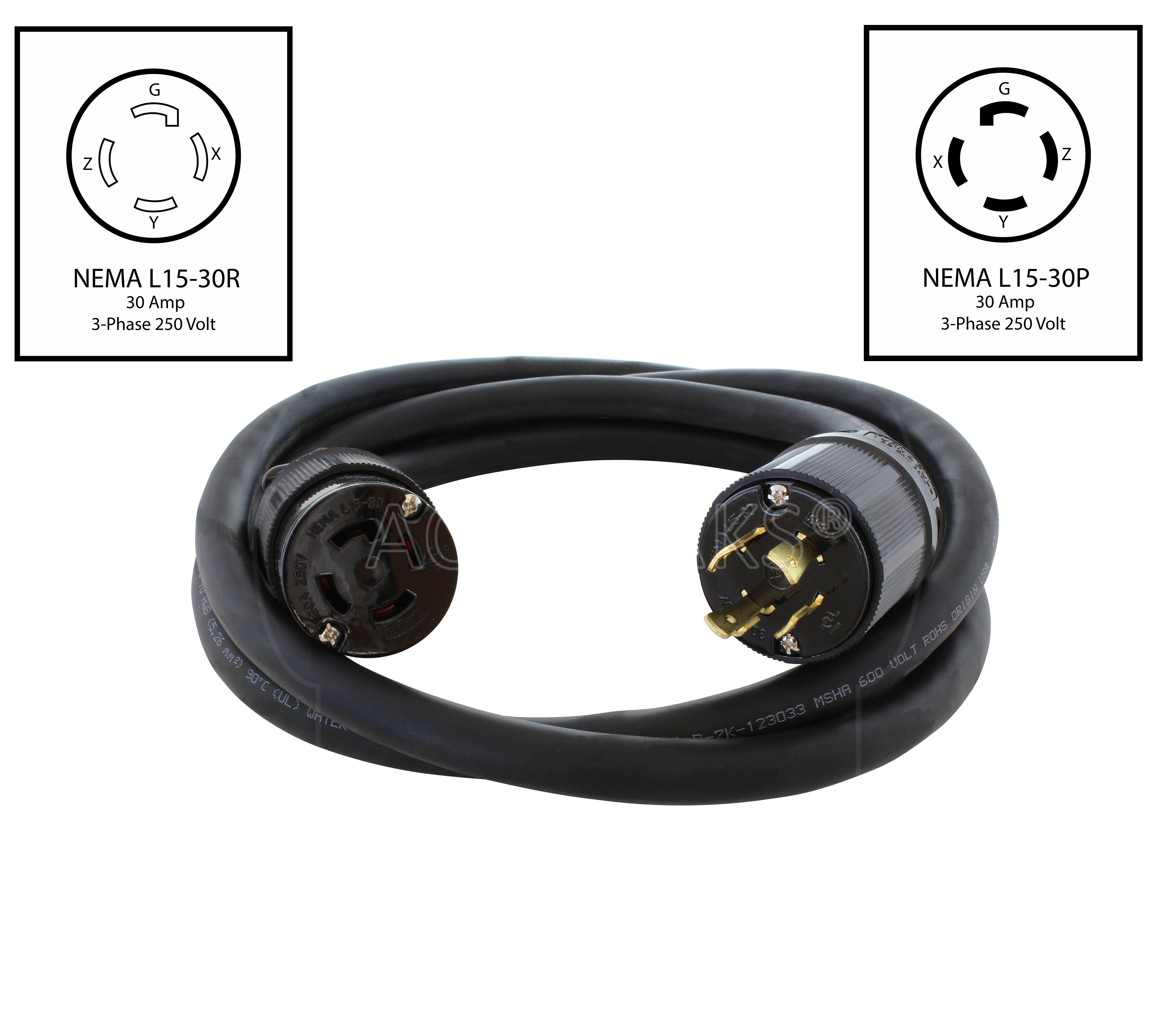 AC WORKS® [L1530PR-BK] SOOW 10/4 NEMA L15-30 30A 3-Phase 250V Industrial Rubber Extension Cord
