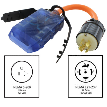 AC WORKS® [L2120CBF520] 1.5FT L21-20P 20A 5-Prong Locking Plug to (4) household Outlets with 20A Breakers