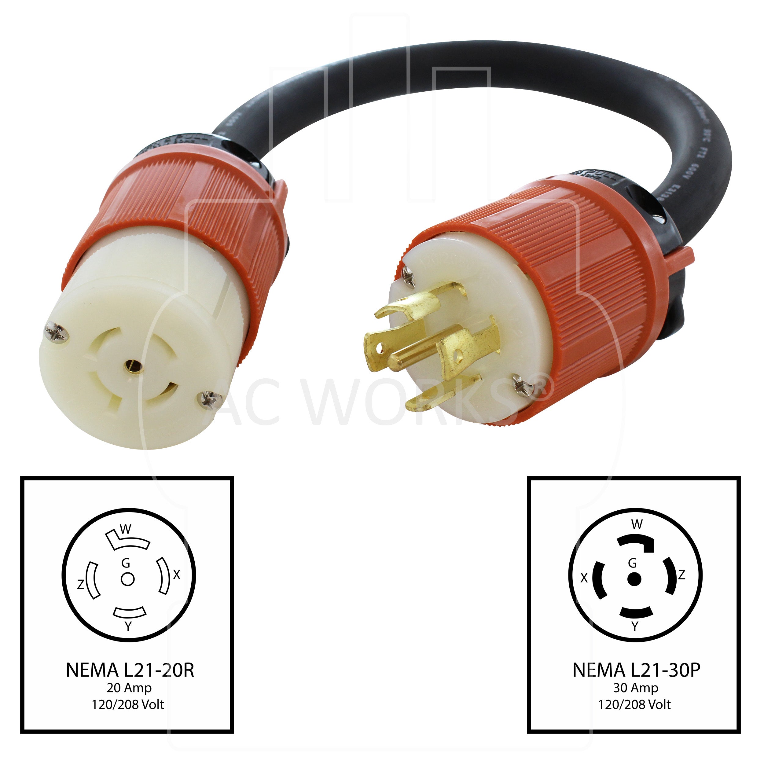 AC WORKS® [L2130L2120-018] 3-Phase 30A 120/208V L21-30P 5-Prong