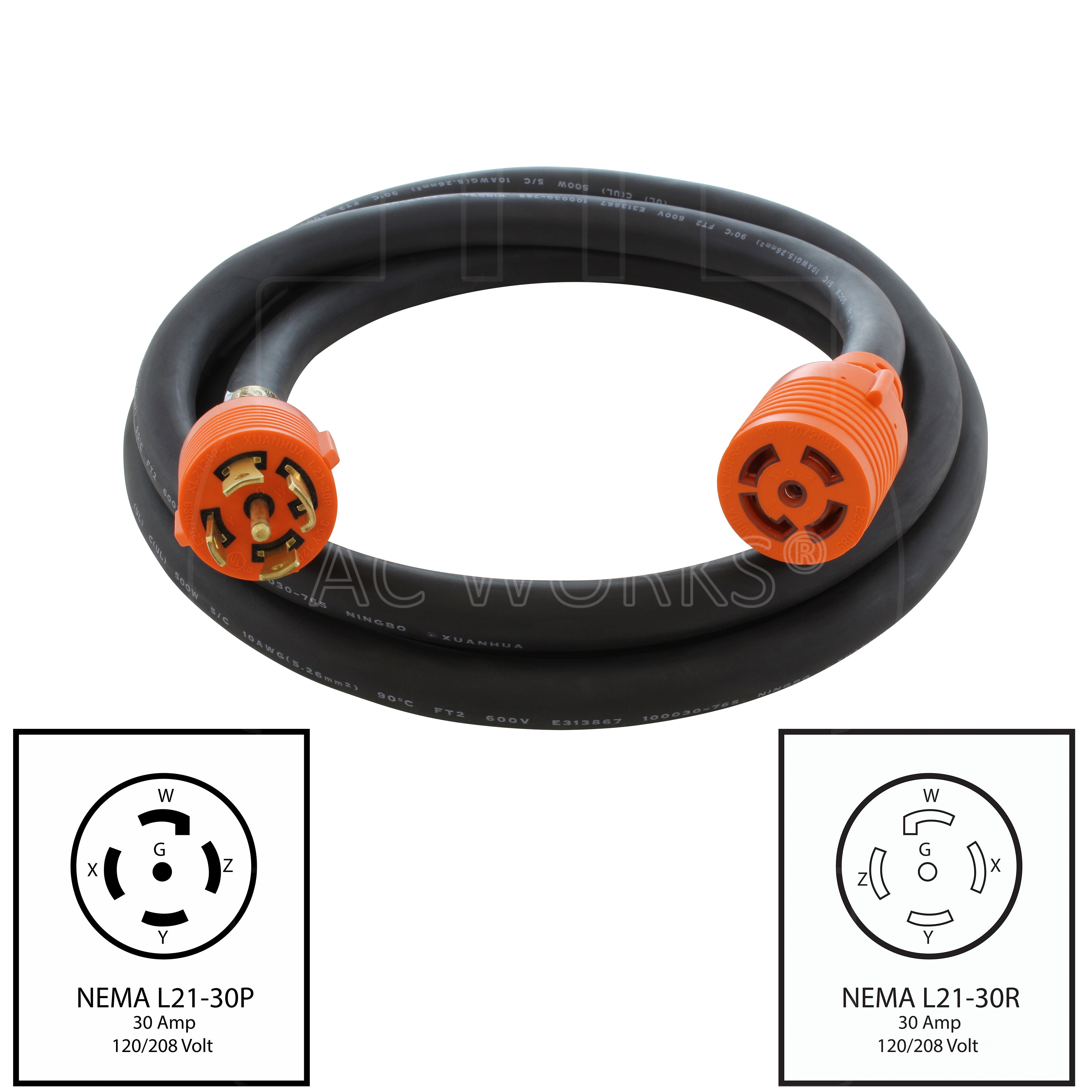 AC WORKS® [L2130PR] SOOW 10/5 NEMA L21-30 30A 3-Phase 120/208V Industrial Rubber Extension Cord