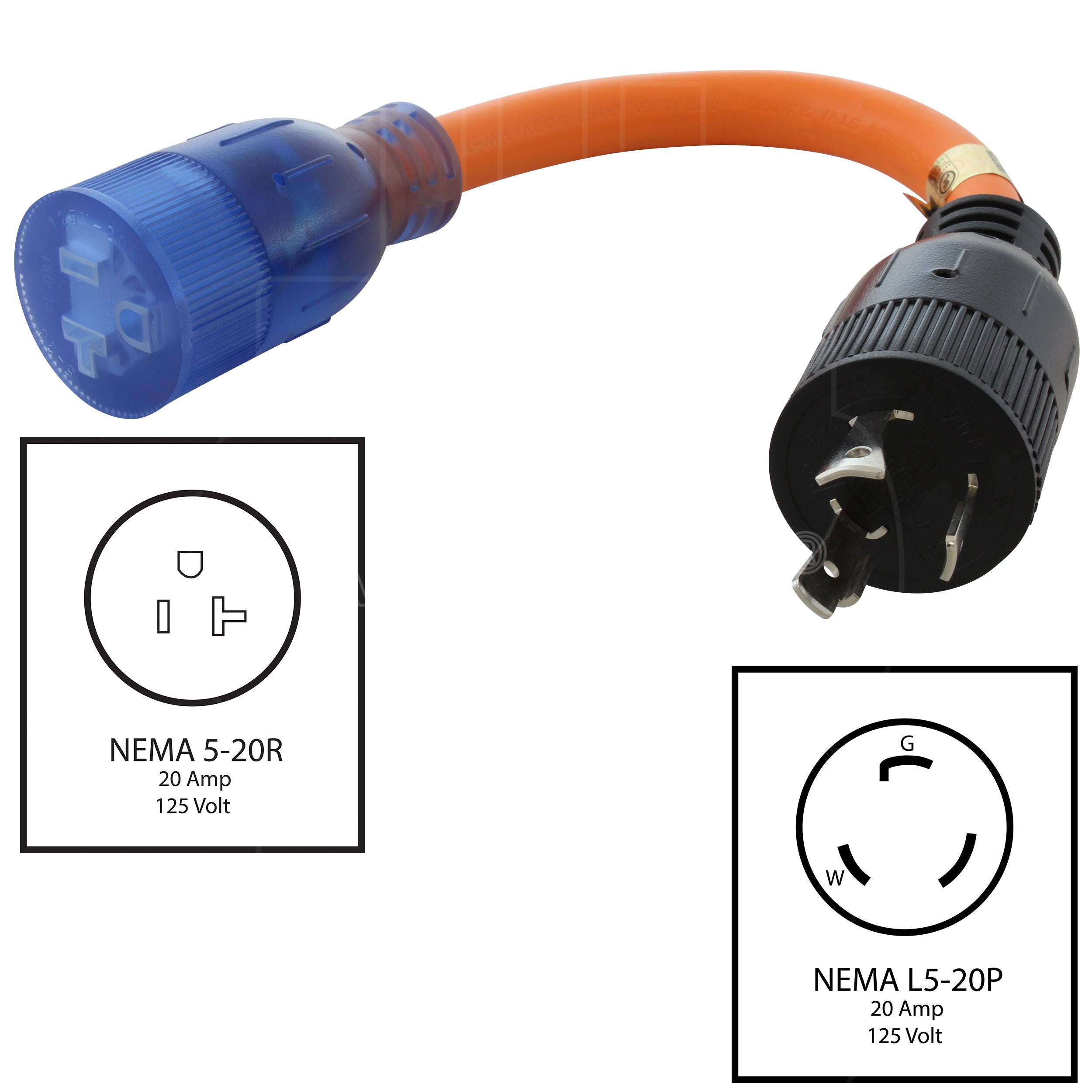 AC WORKS® [L520520-012] 1FT 20A 3-Prong L5-20P Plug to 15/20A Household T-Blade Lighted Connector
