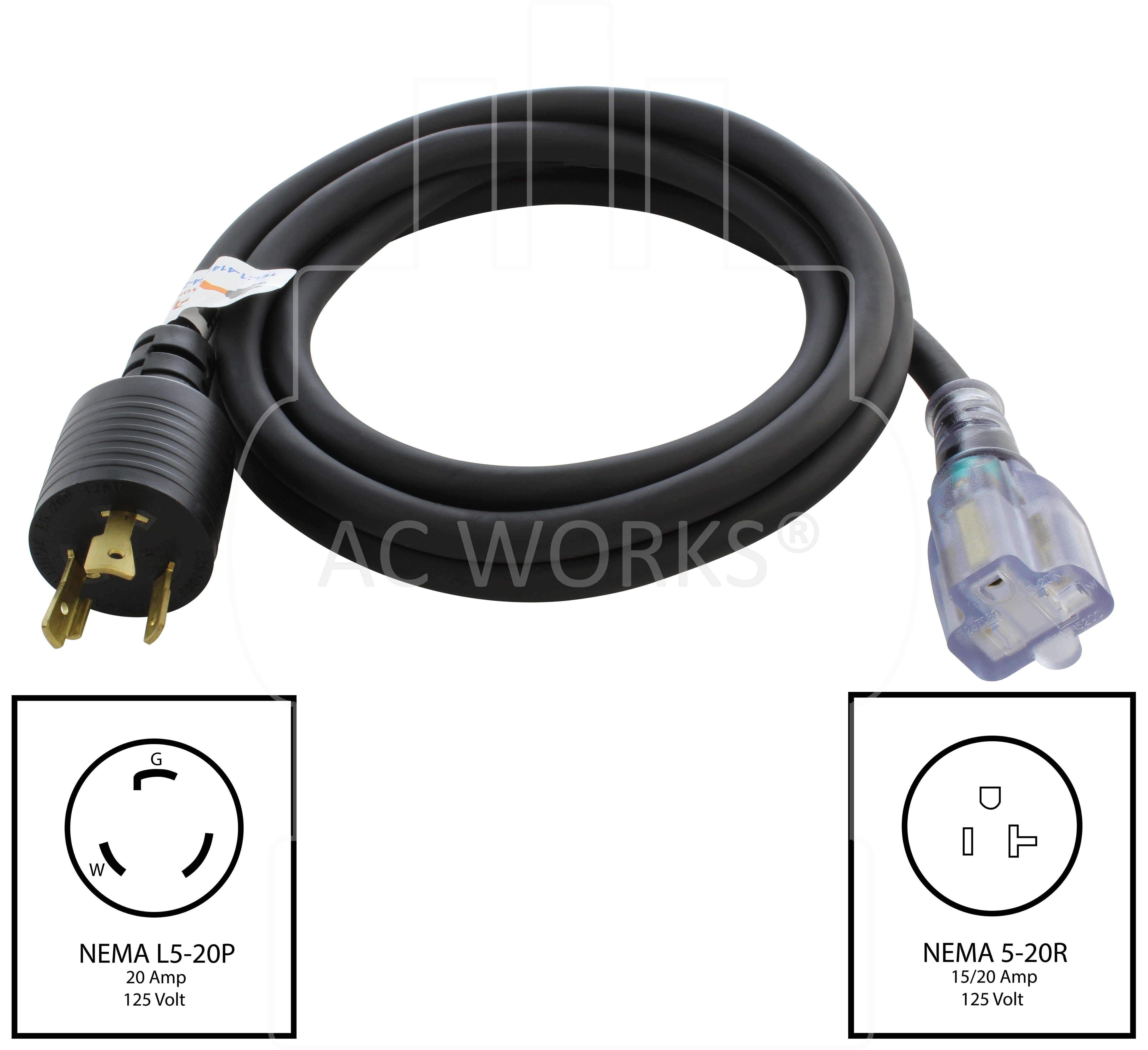 AC WORKS® [L520520-096] 8FT 20A 3-Prong L5-20P Plug to 15/20A 5-15/20R T-Blade Lighted Connector