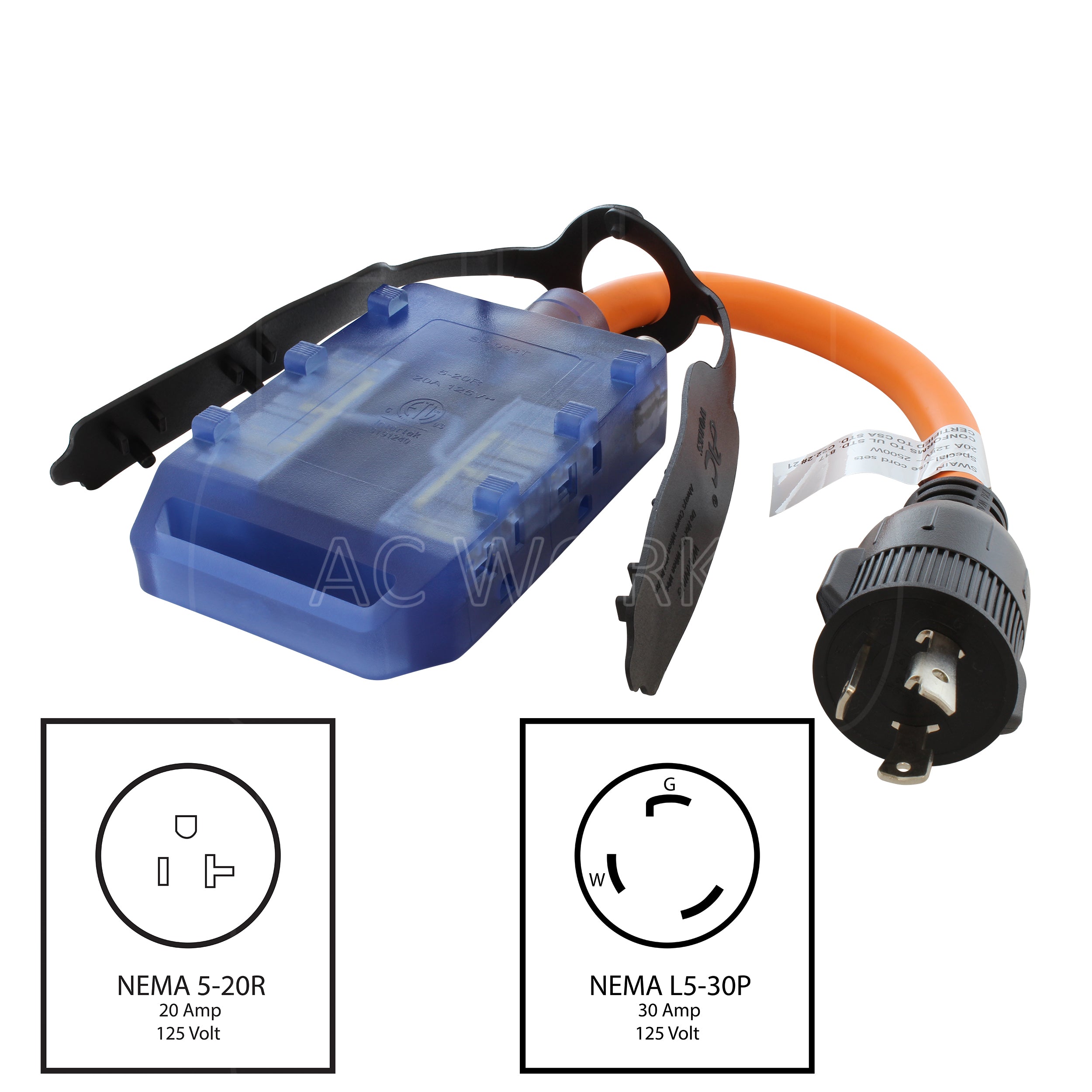 AC WORKS® [L530CBF520] 1.5FT L5-30P 30A 3-Prong Locking Plug to (4) Home Outlets with 20A Breaker