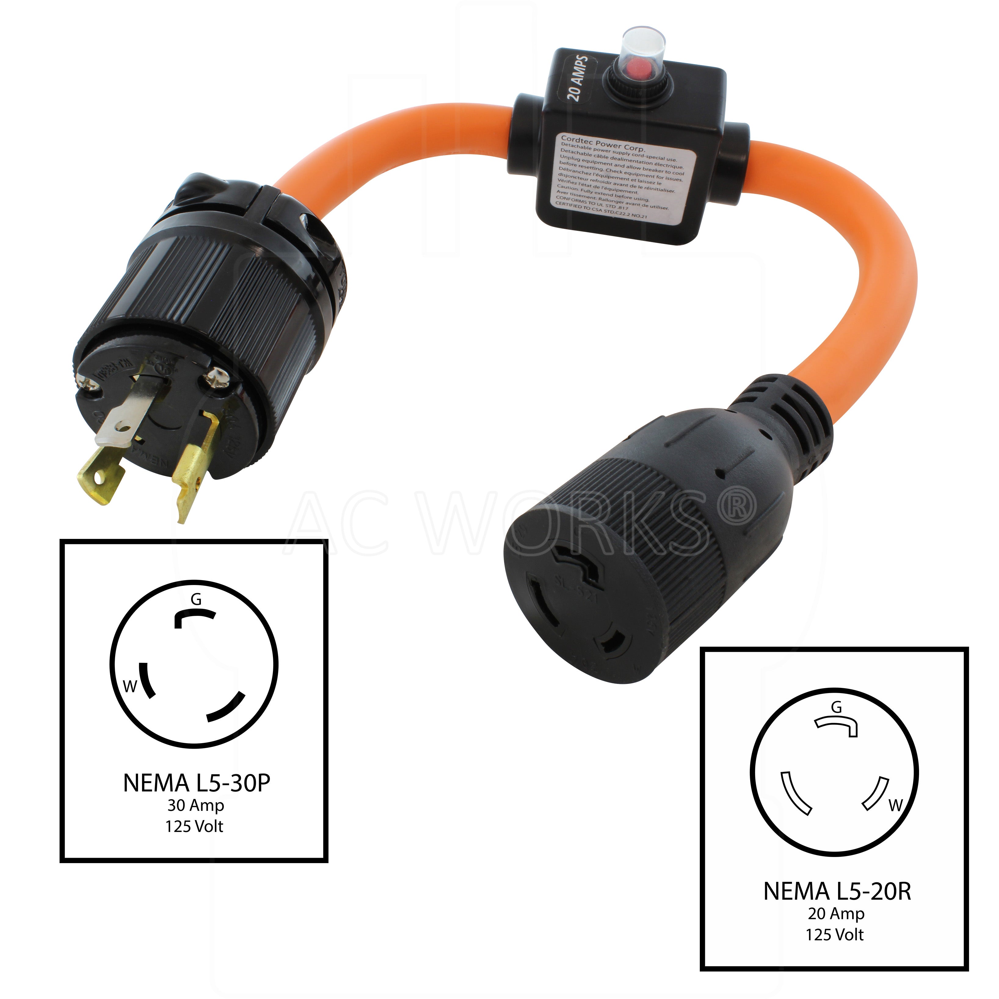 AC WORKS® [L530ICBL520] 1.5FT 30A 3-Prong L5-30P Locking Plug to L5-20R Connector with 20A Inline Breaker