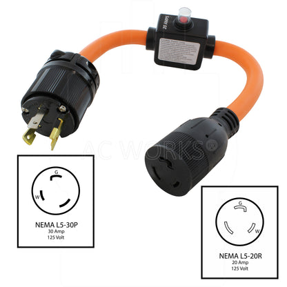 AC WORKS® [L530ICBL520] 1.5FT 30A 3-Prong L5-30P Locking Plug to L5-20R Connector with 20A Inline Breaker