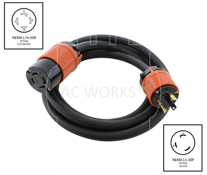 NEMA L5-30P, 30 Amp, 125 Volt, 3-Prong Locking Male Plug to NEMA L14-30R, 30 Amp, 125 Volt, 4-Prong Locking Female Receptacle