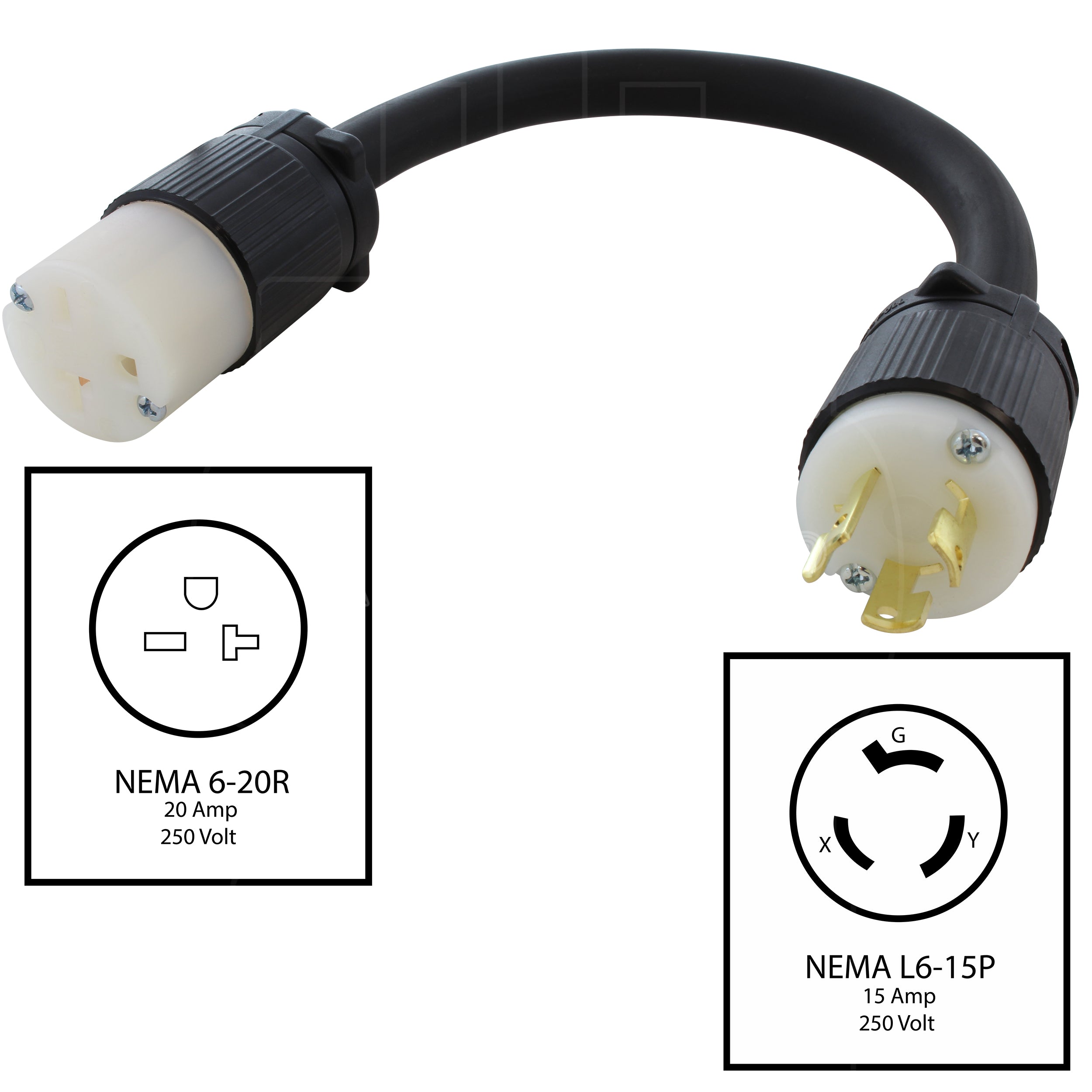 AC WORKS® [L615620-012] 1FT SOOW 12/3 3-Prong L6-15 Male Plug to 6-15/20R 15/20A 250V Connector