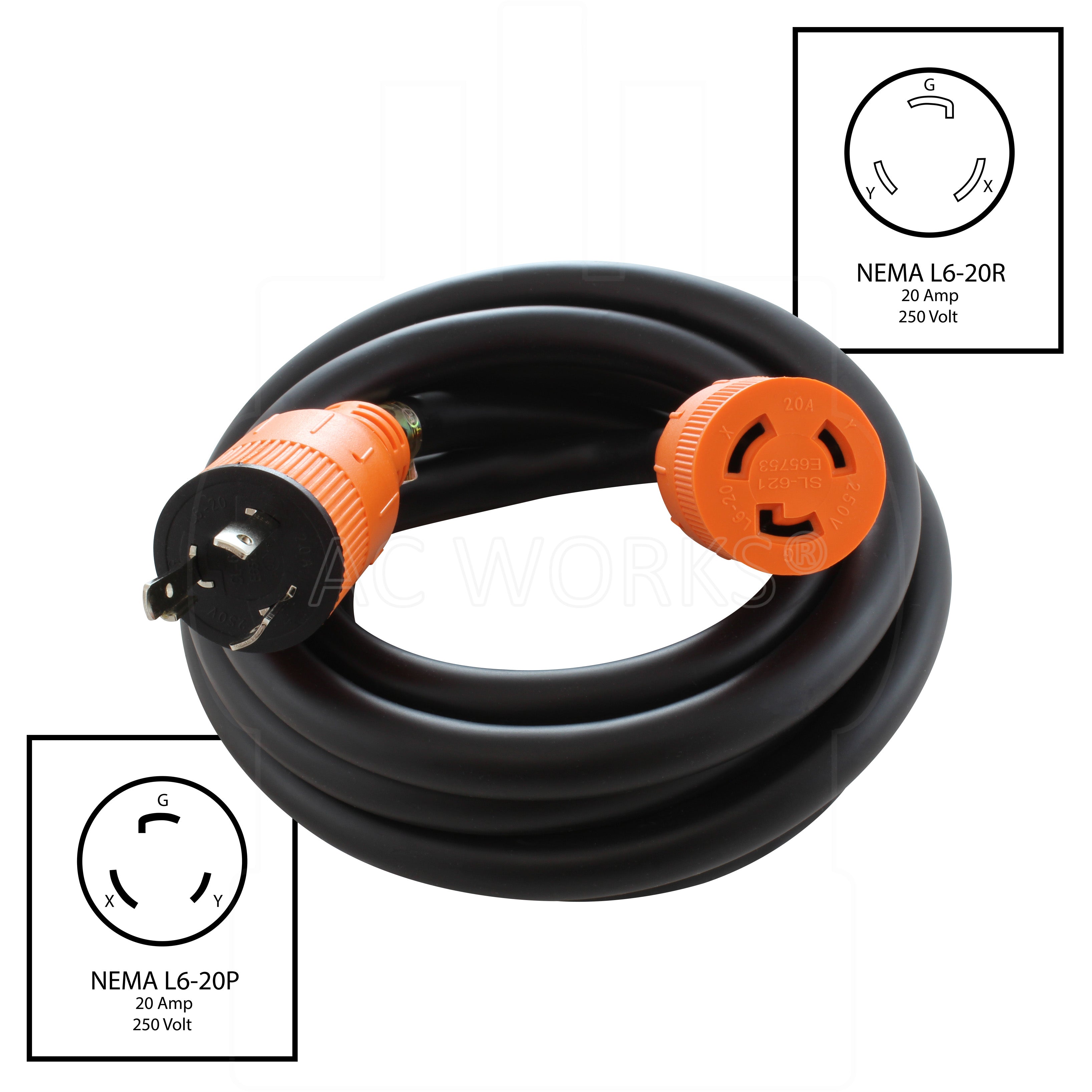 AC WORKS® [L620PR-010G] 10ft STW 12/3 NEMA L6-20 20A 250V Extension Cord