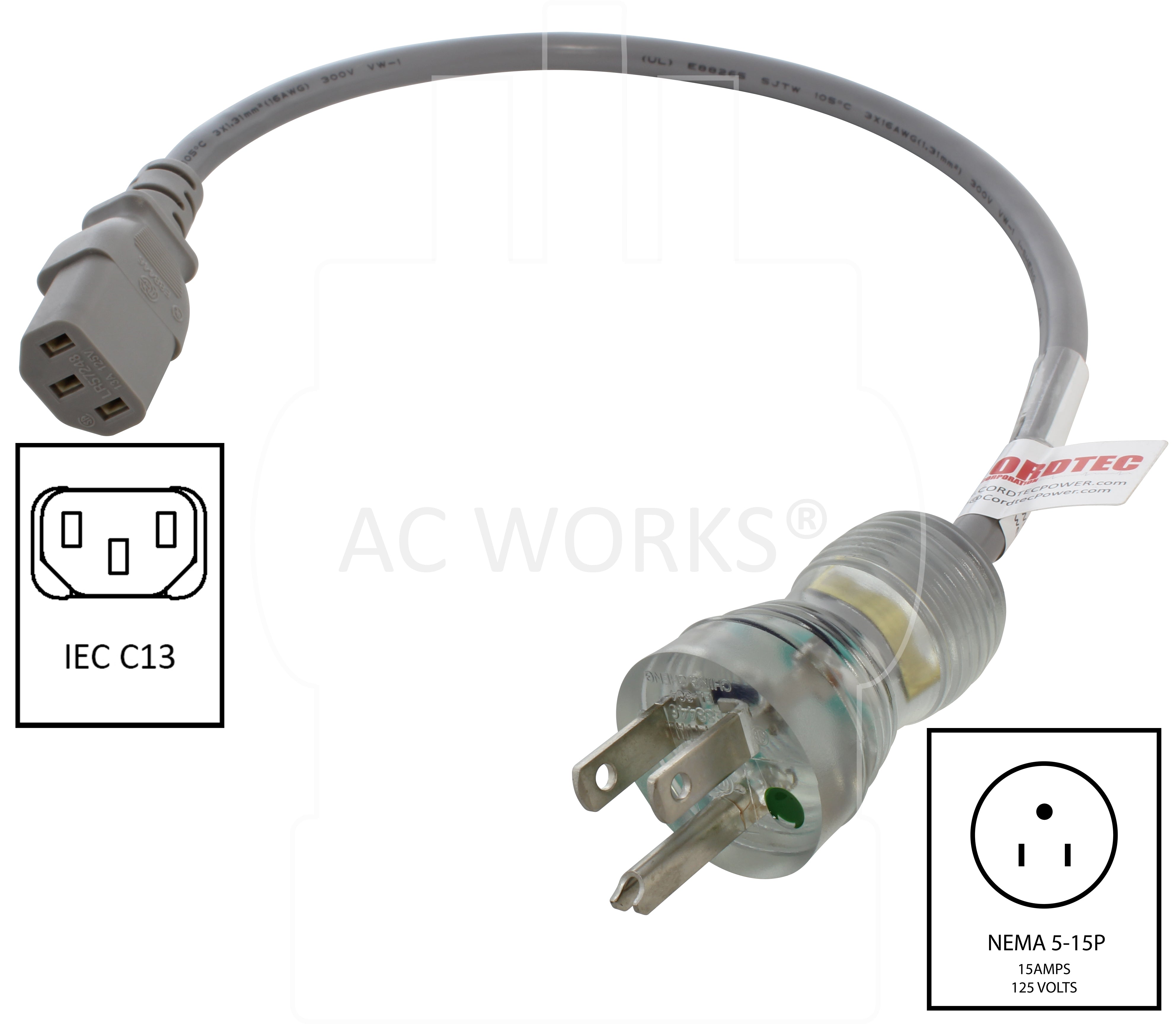 AC WORKS® [MD13AC13] 16/3 13 Amp Medical Grade Power Cord to IEC C13