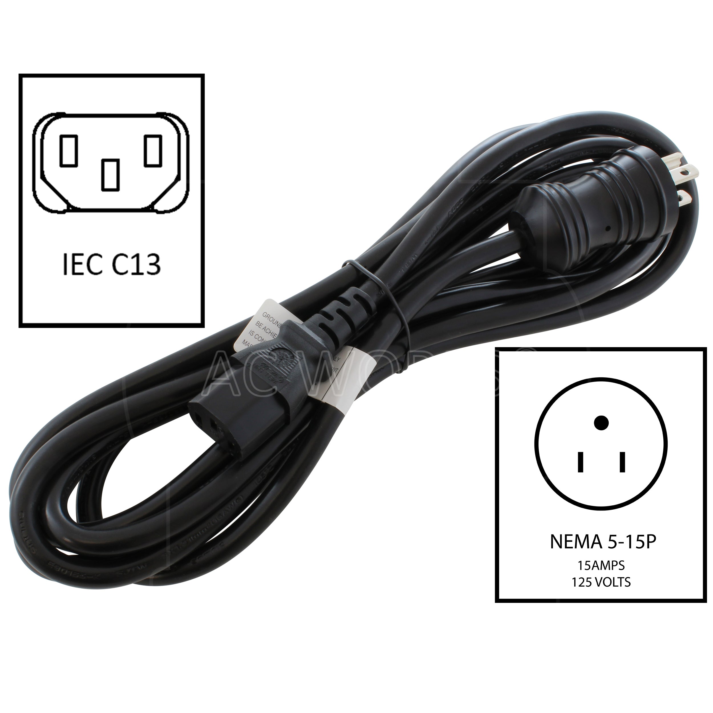 AC WORKS® [MD13AC13-144BK] 13A 16/3 Medical Grade Power Cord With IEC C13 Connector