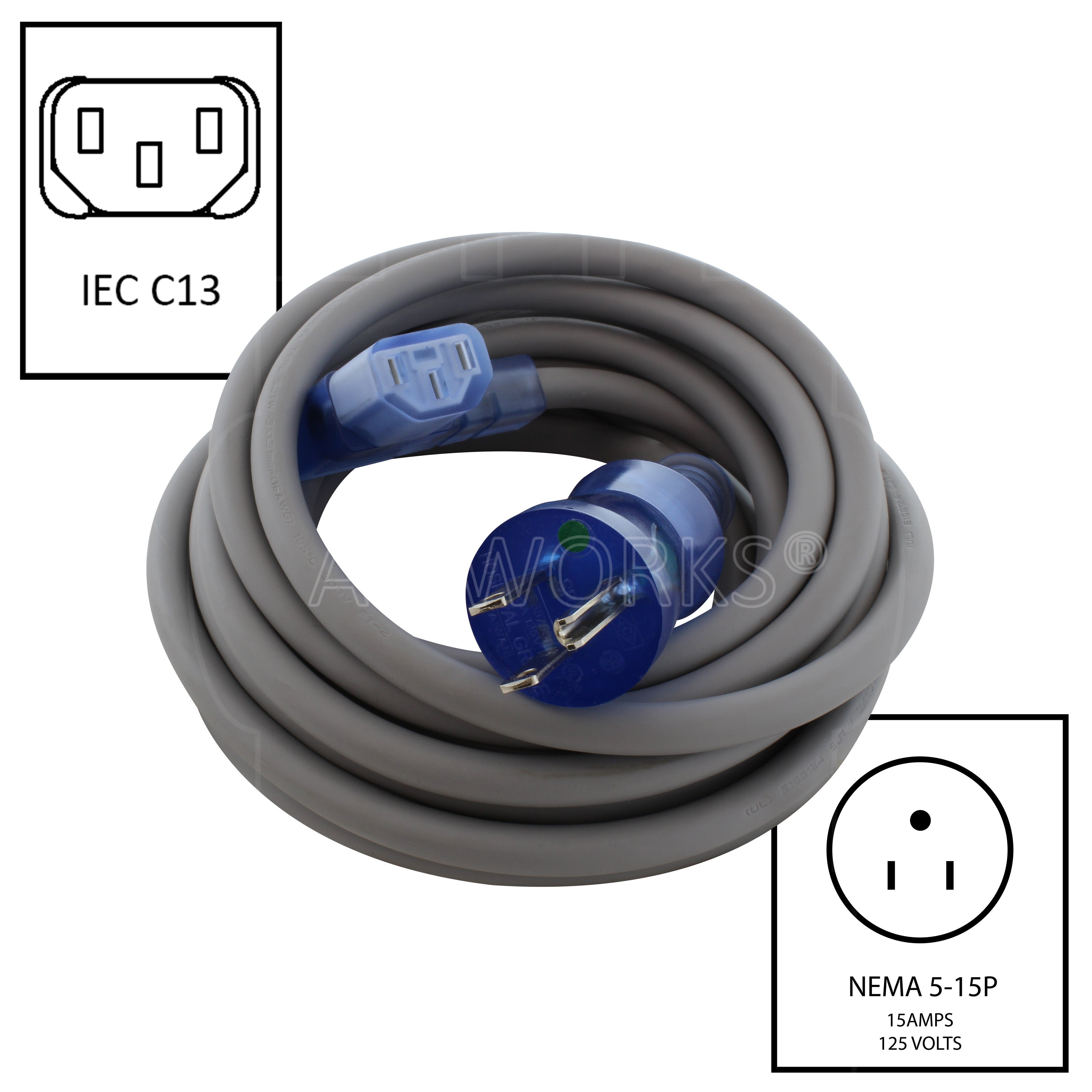 AC WORKS® [MD13ARC13-180] 15ft 16/3 13A Medical Grade Power Cord With Right Angle IEC C13 Connector