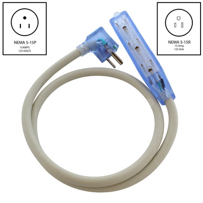 NEMA 5-15P green dot right angle plug to 3 household outlet