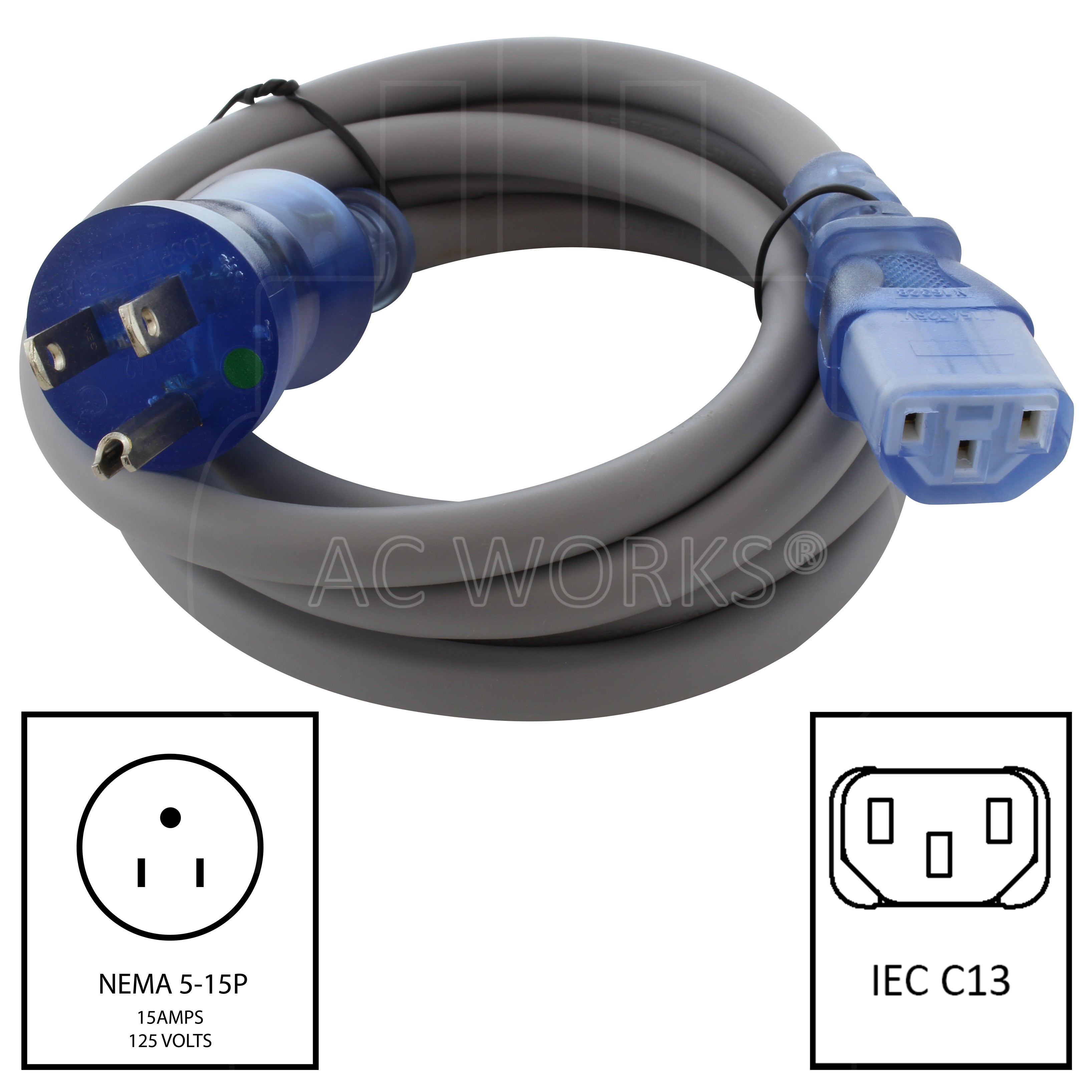AC WORKS® [MD15AC13-072] 15A 6FT 14/3 Medical Grade Power Cord to IEC C13 End