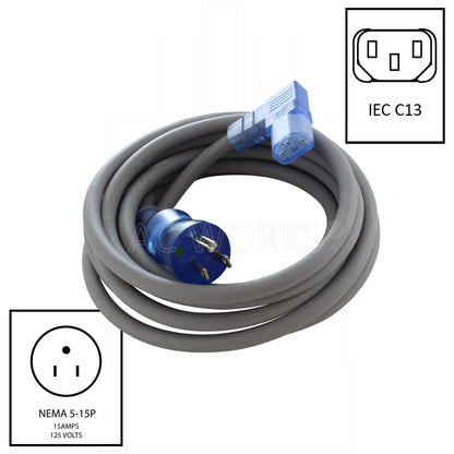 AC WORKS® [MD15ARC13-180] 15ft 14/3 15A Medical Grade Power Cord with Right Angle IEC C13 Connector