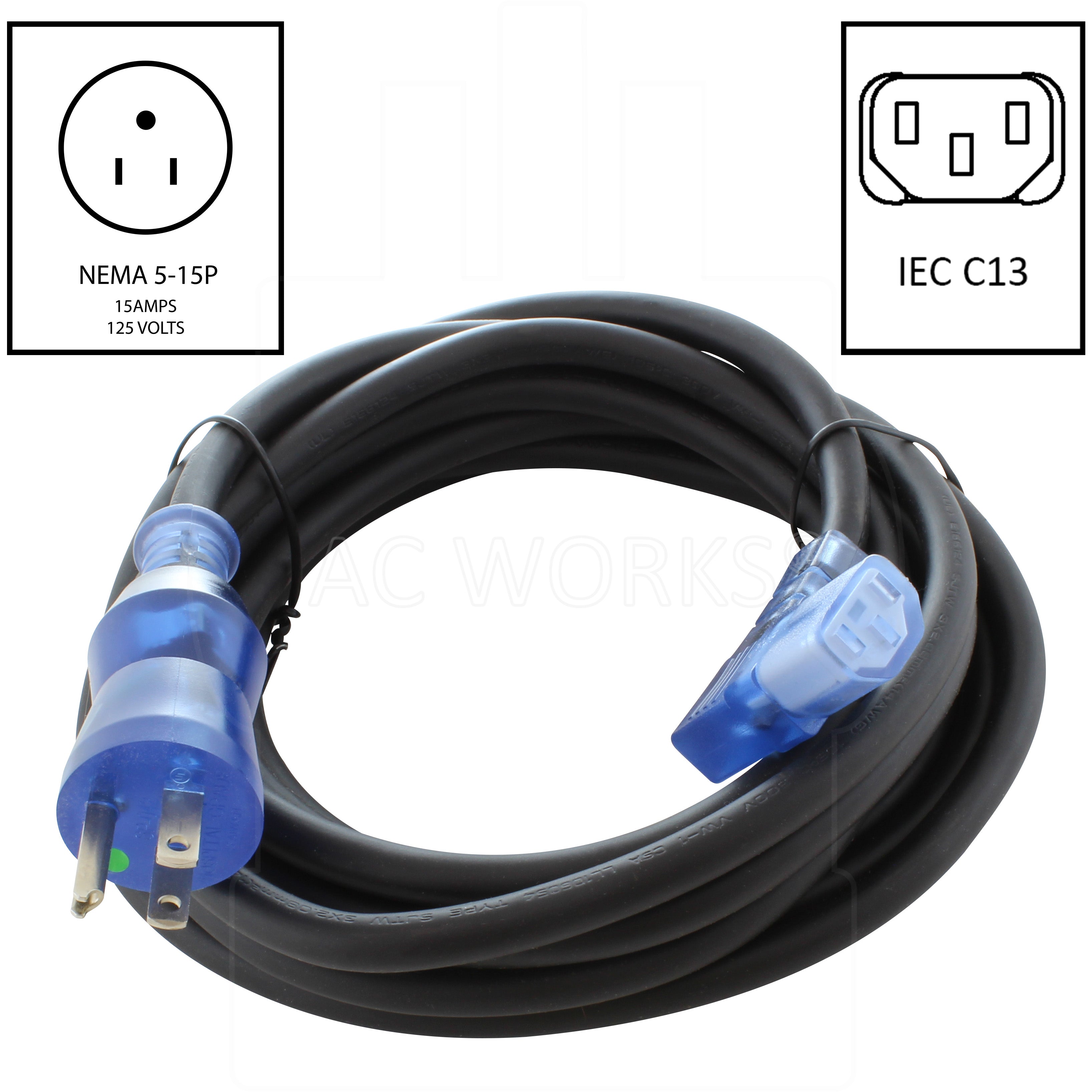 AC WORKS® [MD15ARC13-180BK] 15FT 14/3 15A Medical Grade Power Cord with Right Angle IEC C13