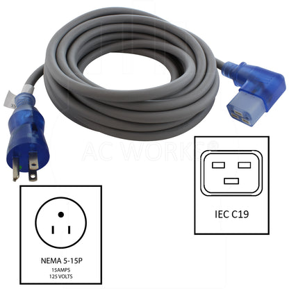 AC WORKS® [MD15ARC19-240SW] 20FT 14/3 15A Medical Grade Power Cord with Right Angle IEC C19