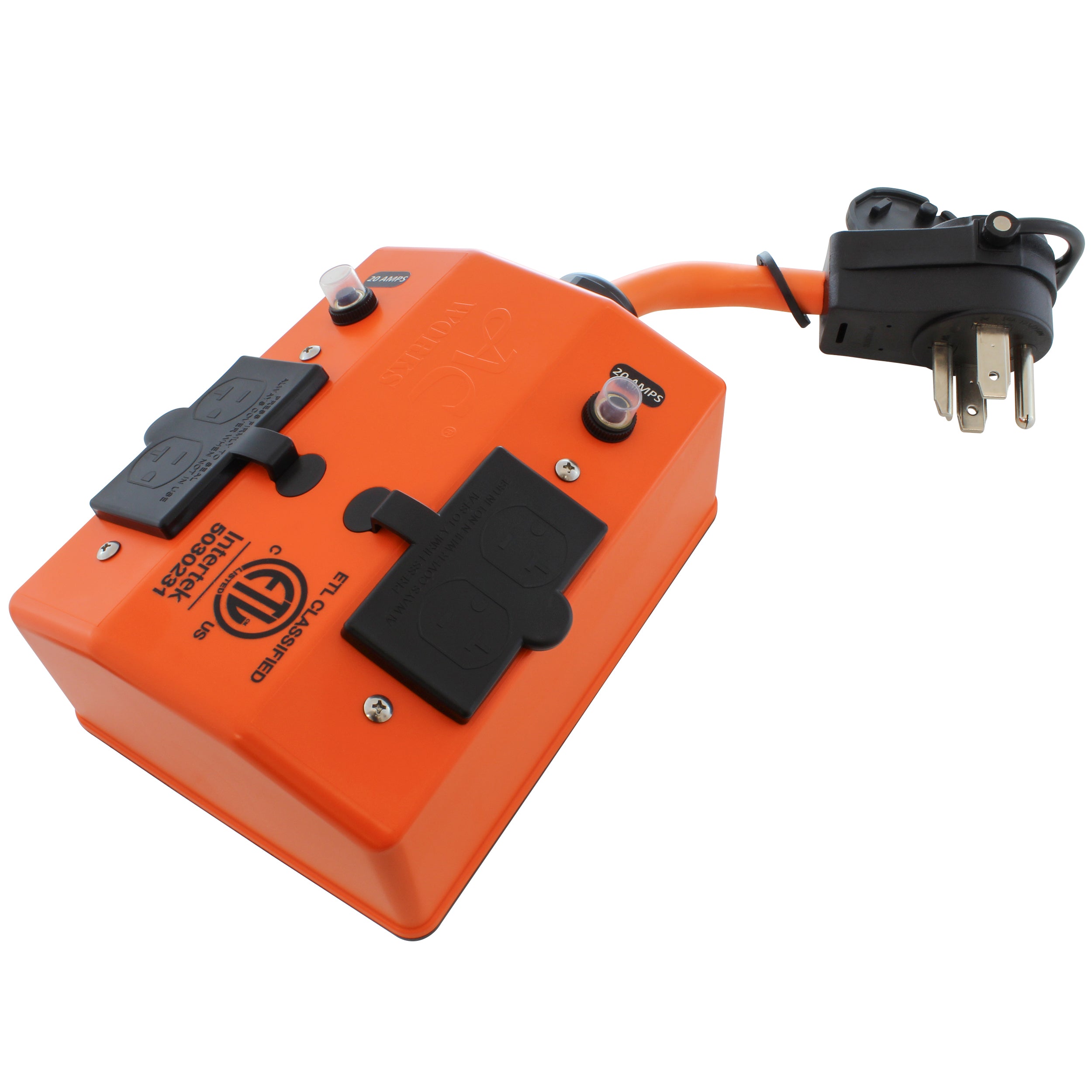 NEMA 14-30P, 30 Amp, 125/250 Volt, 4-Prong Dryer Plug with Matching Piggy-Back Connector to Four NEMA 5-15/20, 20 Amp, GFCI T-blade Household Connectors