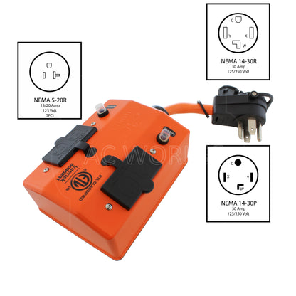 NEMA 14-30P, 30 Amp, 125/250 Volt, 4-Prong Dryer Plug with Matching Piggy-Back Connector to Four NEMA 5-15/20, 20 Amp, GFCI T-blade Household Connectors