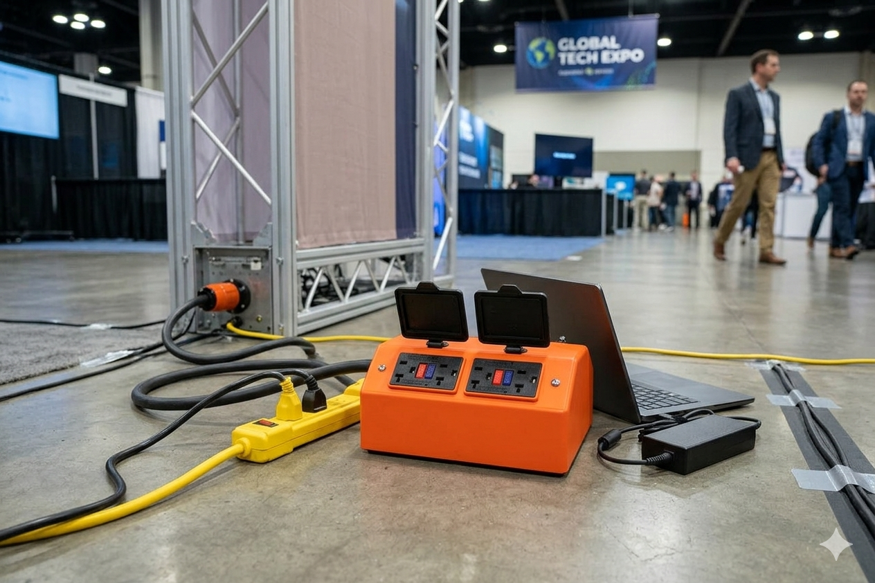 AC Works Brand orange charging station with multiple devices at a convention center expo hall.