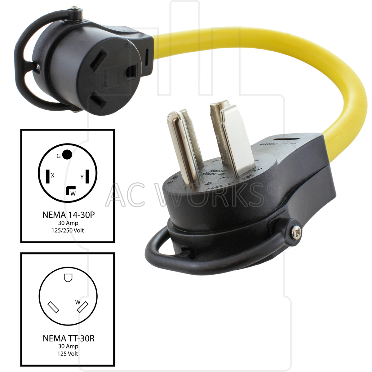 AC WORKS® [RV1430TT-018] 1.5FT 14-30P 30A 4-Prong Dryer Plug to 30A RV Adapter