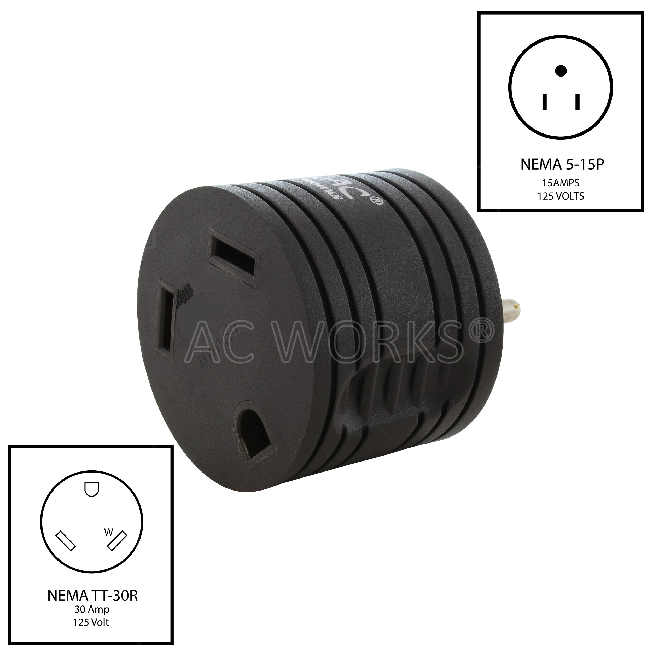 AC WORKS® [RV515TT-BK] 15A Home Plug to RV TT-30 30A 125V RV Female Connector with cCSAus Approval