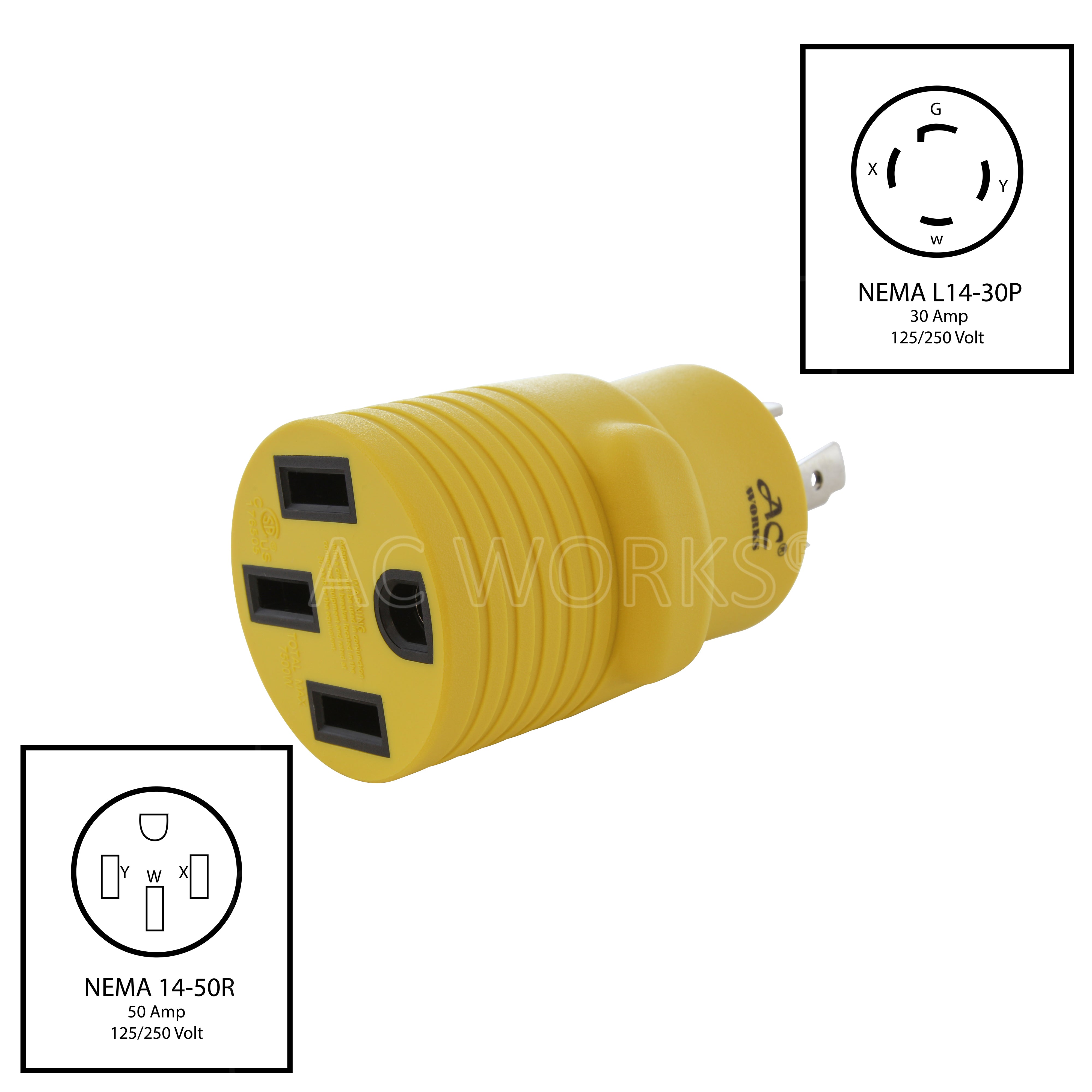 AC WORKS® [RVL14301450] Adapter NEMA L14-30P 30A 4-Prong Plug to NEMA 14-50R 50A 125/250V Connector with cCSAus Approval