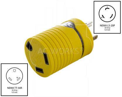 AC WORKS® [RVL520TT] RV Generator Adapter L5-20P 20A 3-Prong Locking Plug to RV 30A TT-30R Adapter