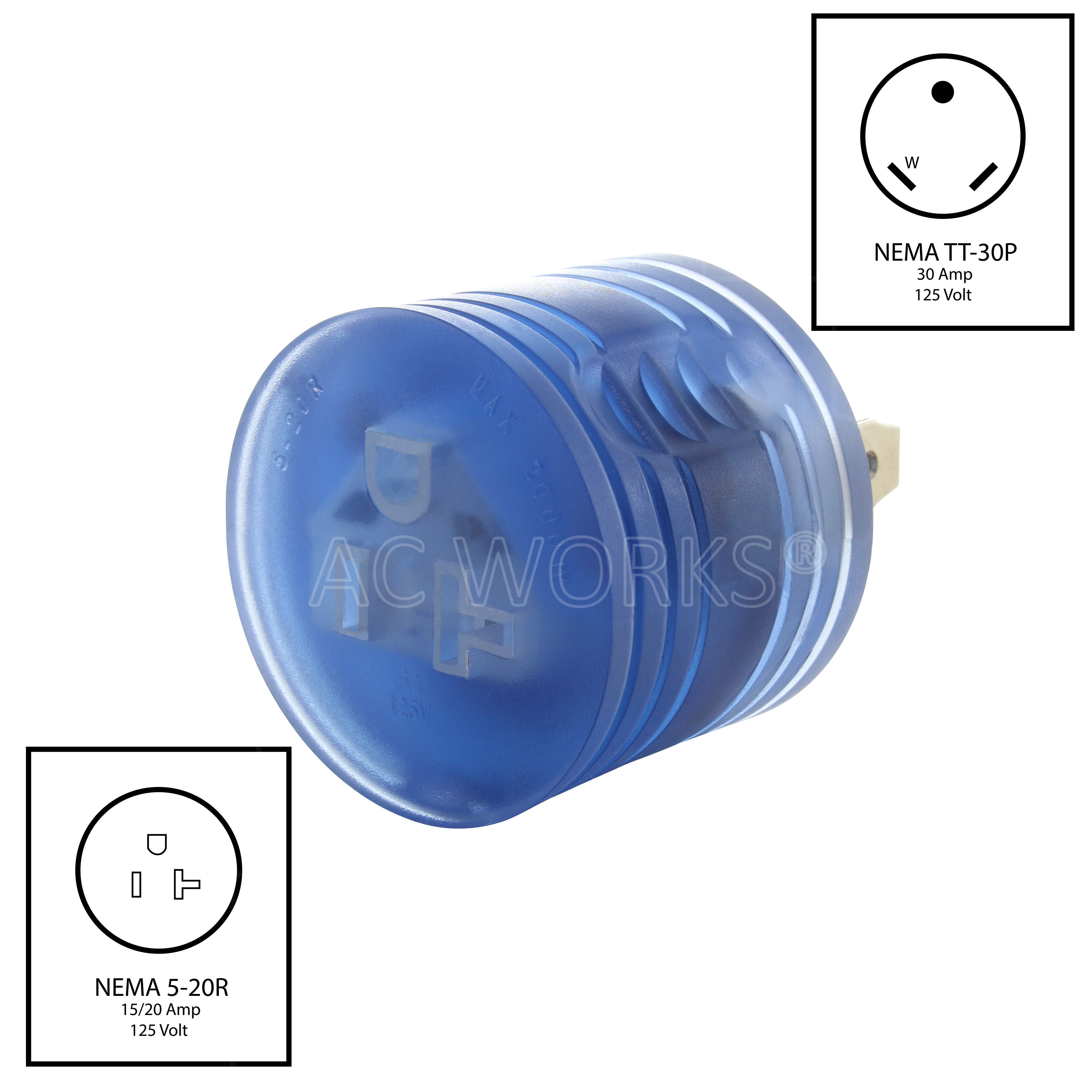 AC WORKS® [RVTT520] RV 30A TT-30P Plug to 5-20R 15/ 20A Household Outlet with Power Indicator
