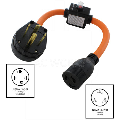 NEMA 14-30P, 30 Amp, 125/250 Volt 4-Prong Dryer Male Plug to NEMA L6-20R, 20 Amp, 250 Volt Female Connector