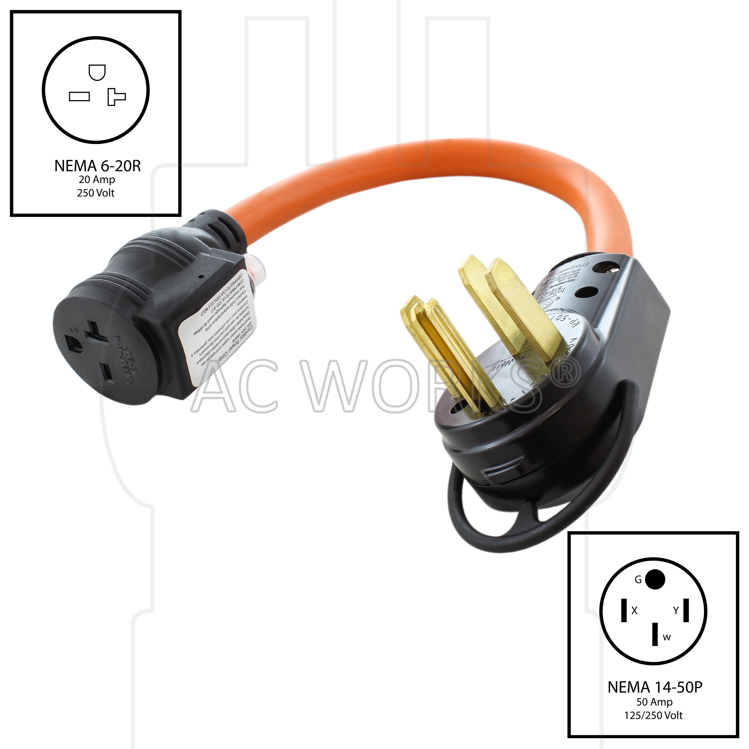 AC WORKS® [S1450CB620] 1FT 50A 14-50P RV/Generator/Range Plug to 6-15/20 Outlet with 20A Breaker