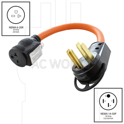 AC WORKS® [S1450CB620] 1FT 50A 14-50P RV/Generator/Range Plug to 6-15/20 Outlet with 20A Breaker